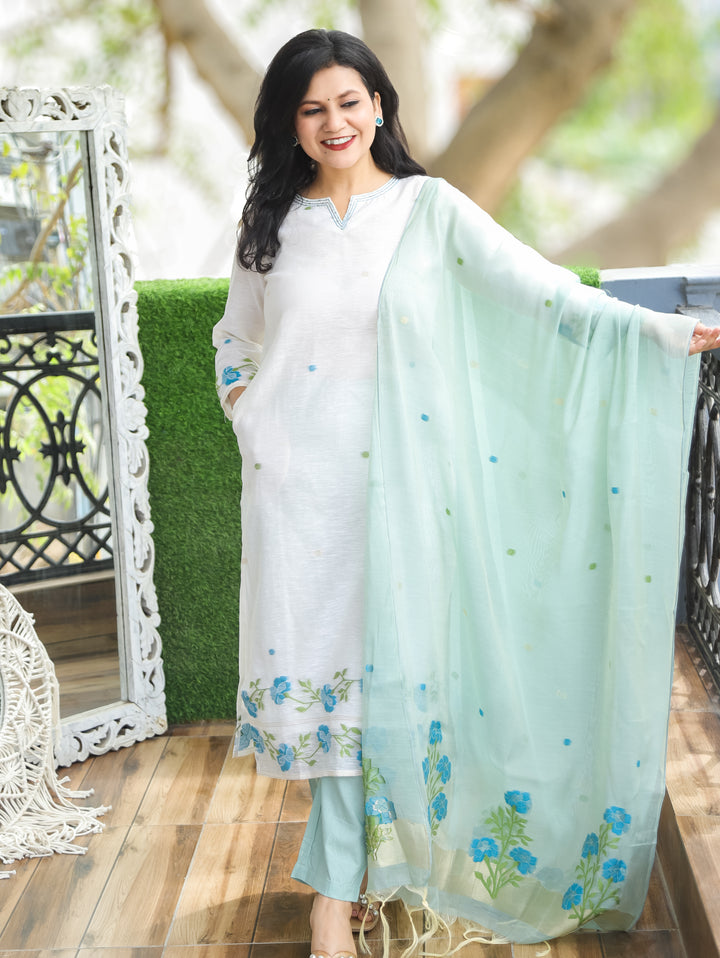 Flora White with Blue Jamdani 3 Piece Set