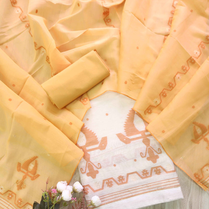 Jannat Beige With Orange Authentic Jamdani Weaved Suit Set