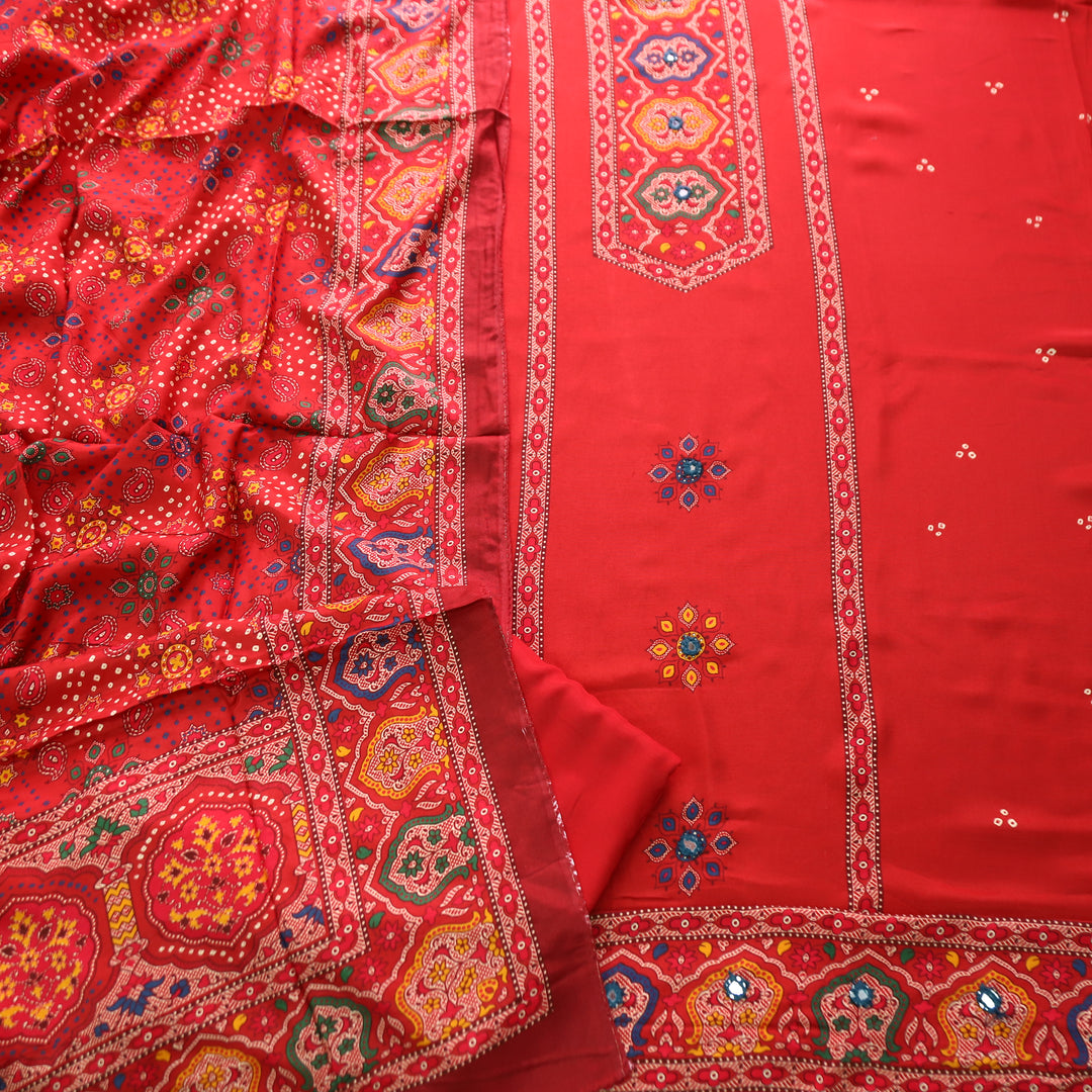Roop Coral Blush Red with Digital Printed Yoke with Mirror Work Art Muslin Suit Set