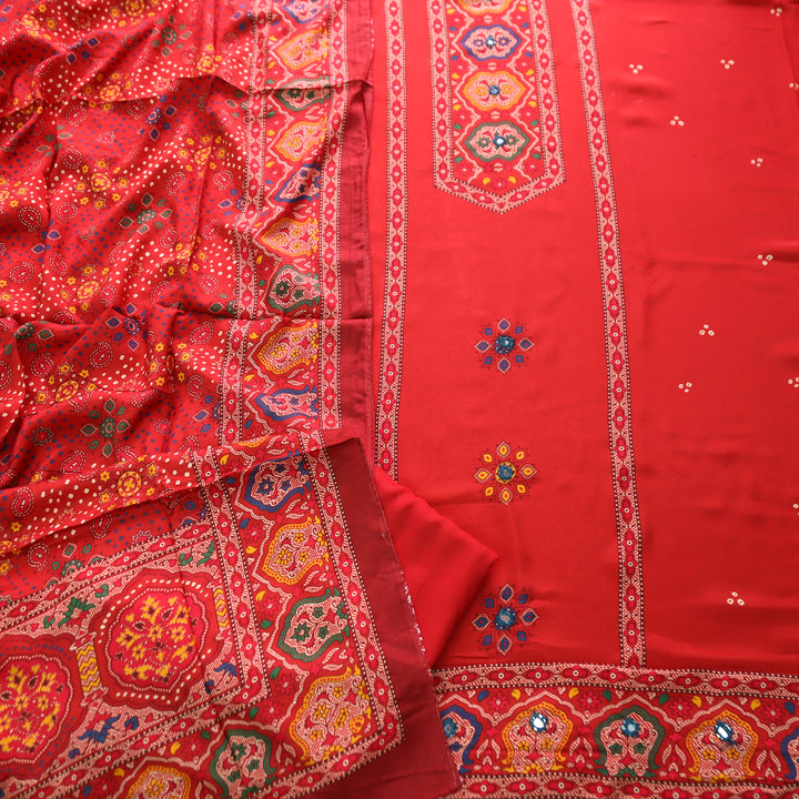 Roop Coral Blush Red with Digital Printed Yoke with Mirror Work Art Muslin Suit Set