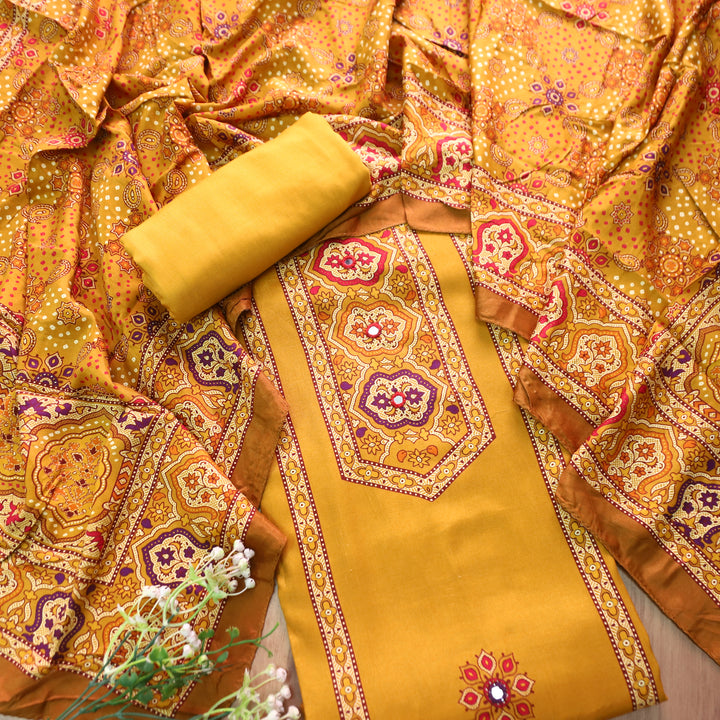 Roop Mustard Yellow with Digital Printed Yoke with Mirror Work Art Muslin Suit Set