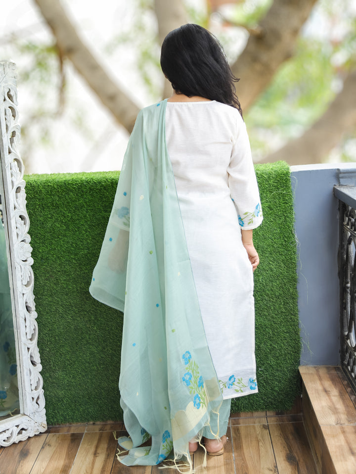 Flora White with Blue Jamdani 3 Piece Set