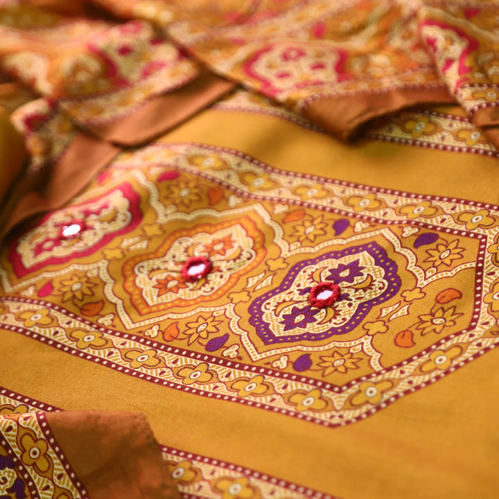 Roop Mustard Yellow with Digital Printed Yoke with Mirror Work Art Muslin Suit Set