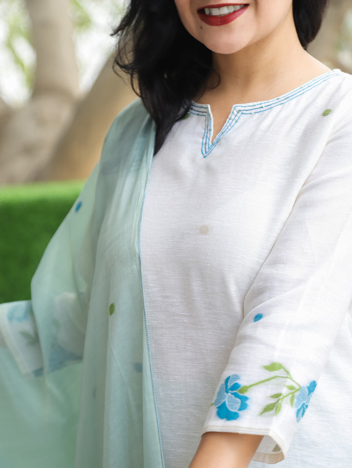 Flora White with Blue Jamdani 3 Piece Set