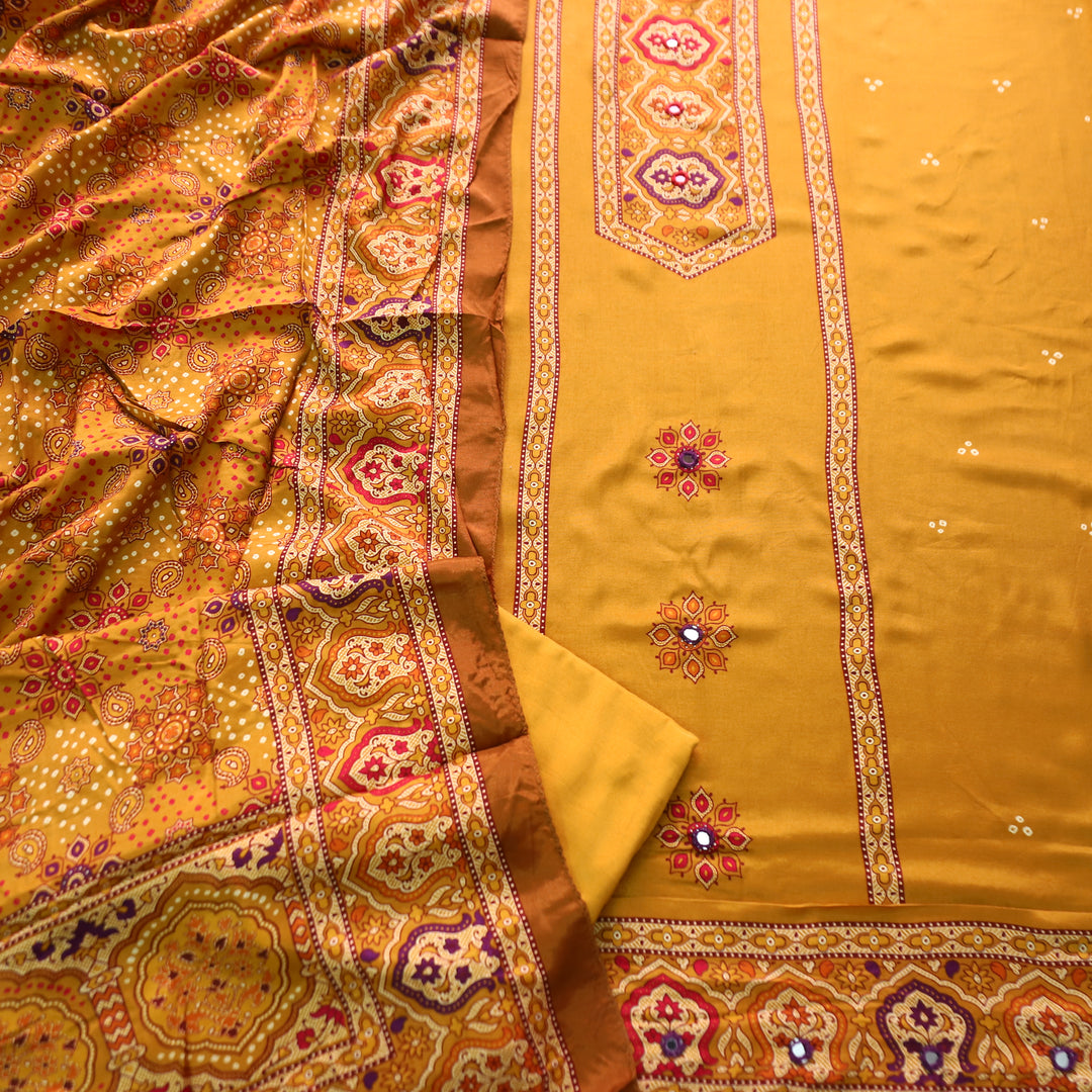 Roop Mustard Yellow with Digital Printed Yoke with Mirror Work Art Muslin Suit Set