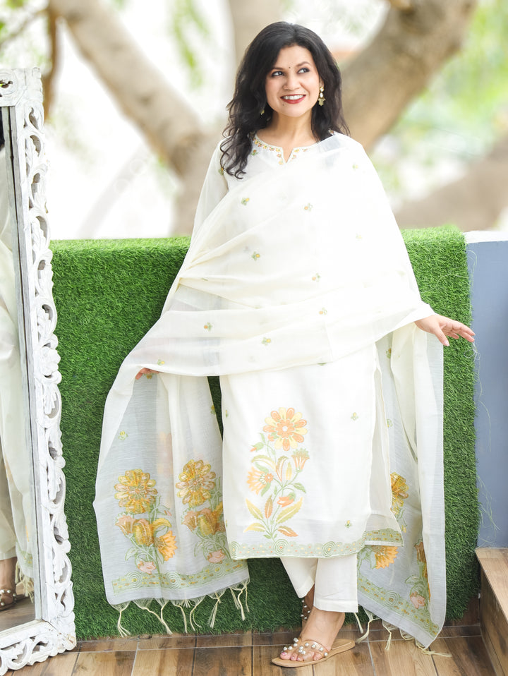 Flora White with Yellow Jamdani 3 Piece Set