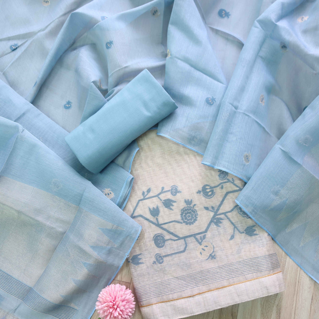 Jannat Beige With Stone Blue Authentic Jamdani Weaved Suit Set