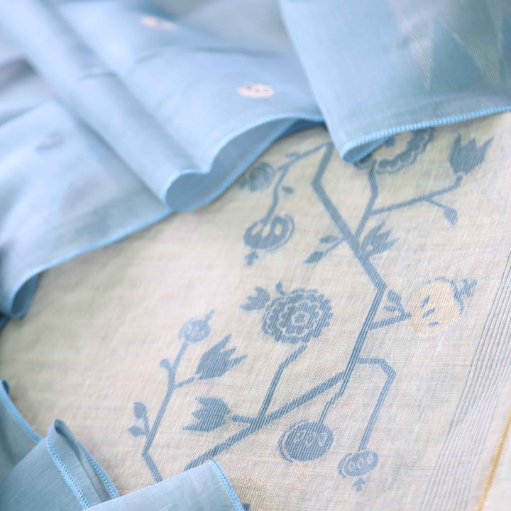 Jannat Beige With Stone Blue Authentic Jamdani Weaved Suit Set