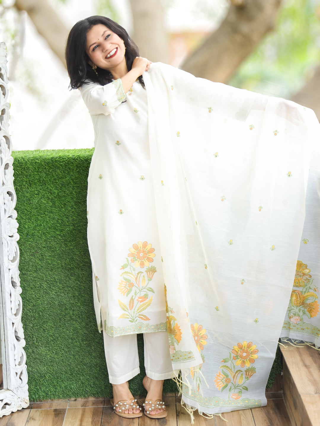 Flora White with Yellow Jamdani 3 Piece Set