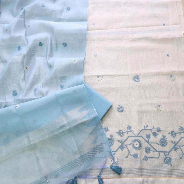 Jannat Beige With Stone Blue Authentic Jamdani Weaved Suit Set