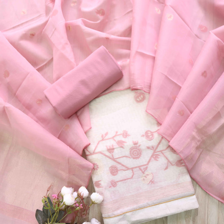 Jannat Beige With Soft Pink Authentic Jamdani Weaved Suit Set