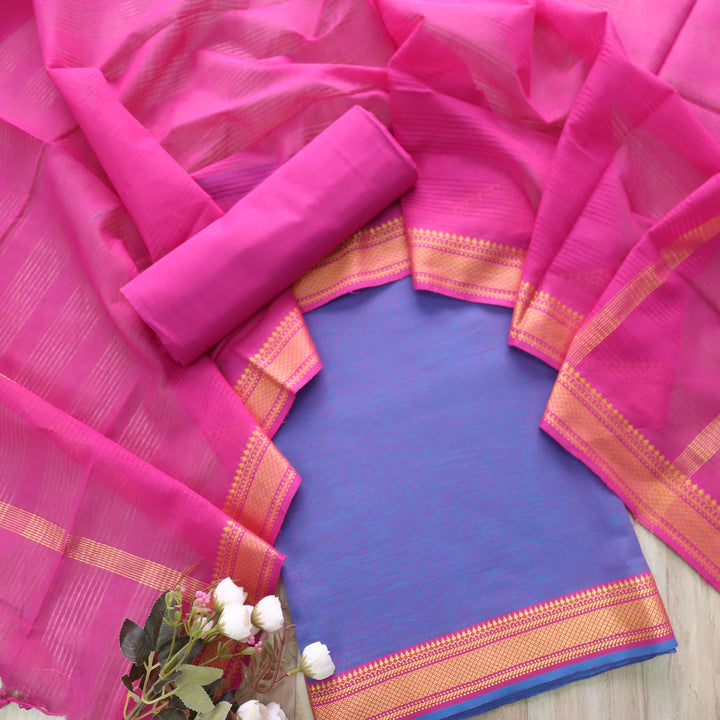 Sanskruti Purplish Blue with Magenta Dupatta South Cotton Temple Hem Suit Set