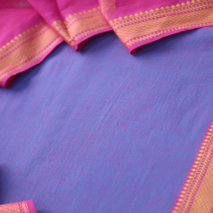 Sanskruti Purplish Blue with Magenta Dupatta South Cotton Temple Hem Suit Set