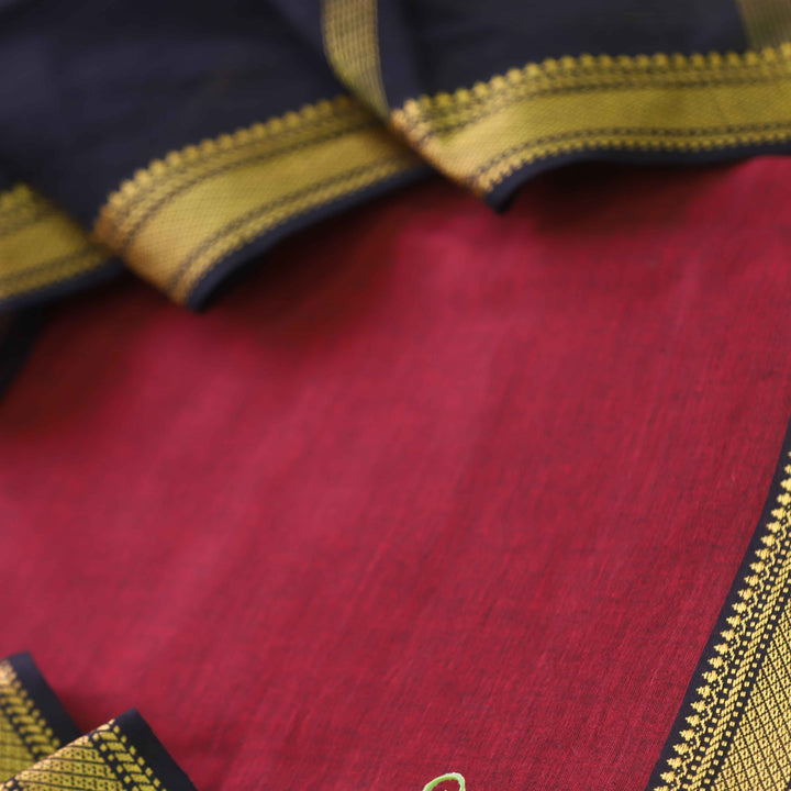 Sanskruti Blood Red with Black Dupatta South Cotton Temple Hem Suit Set