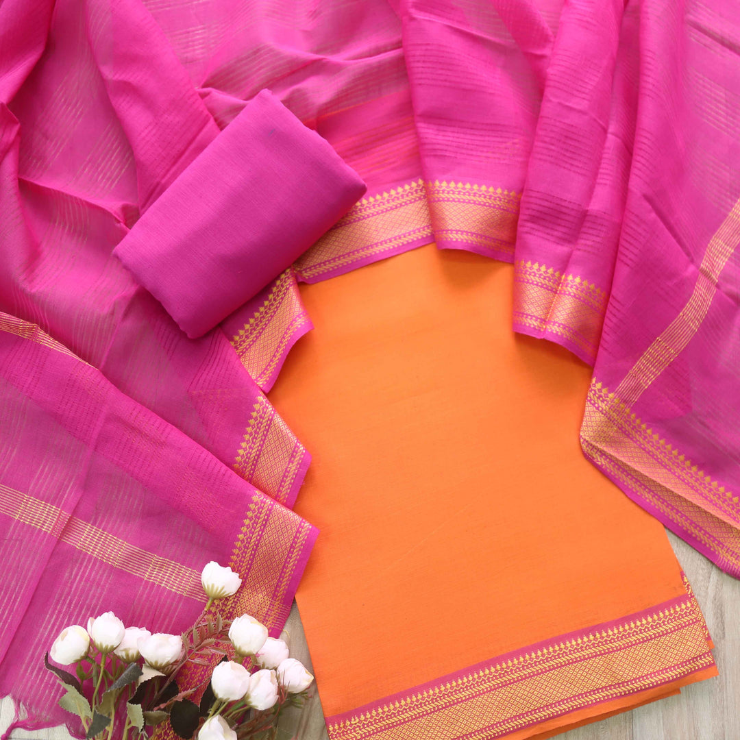 Sanskruti Bright Orange with Magenta Dupatta South Cotton Temple Hem Suit Set