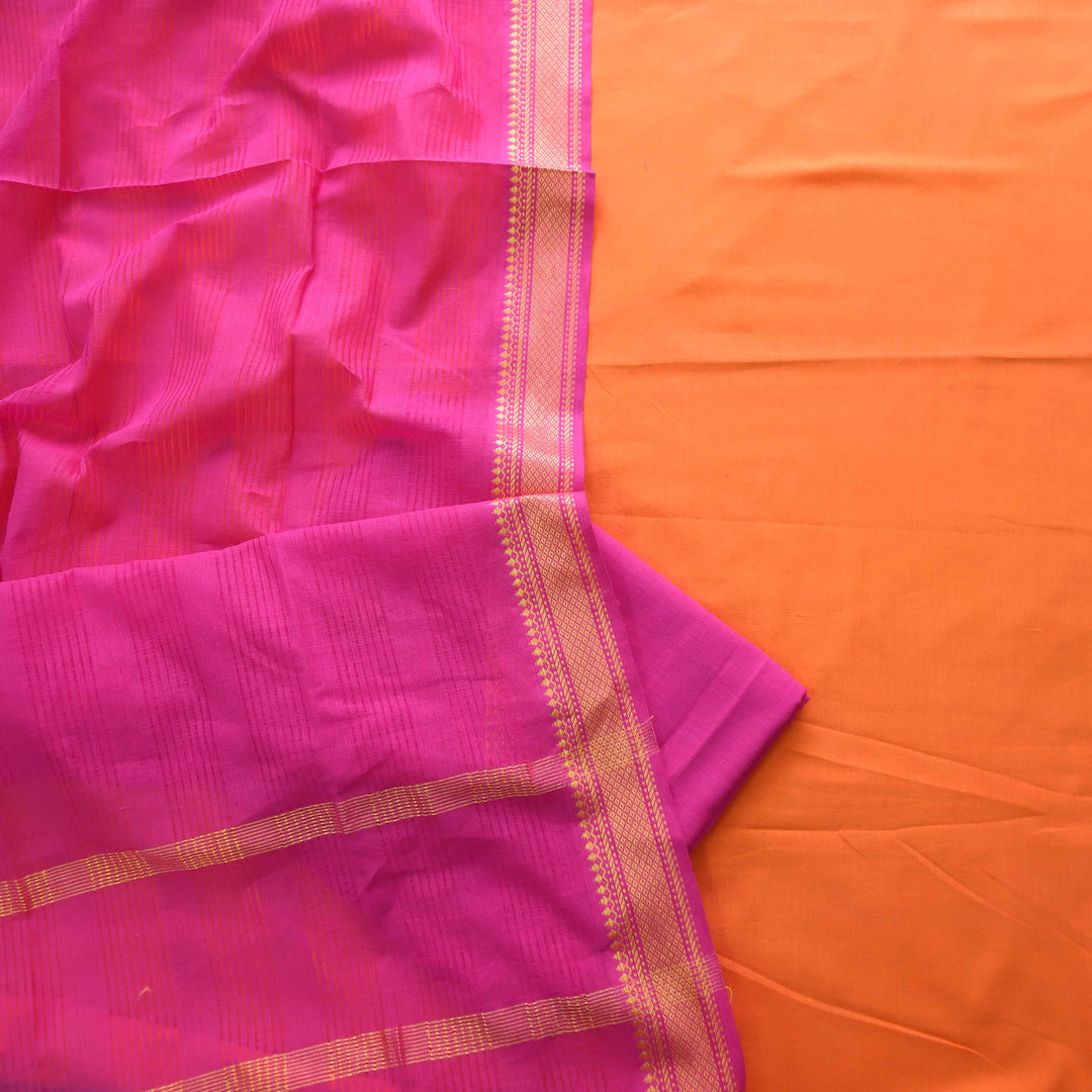 Sanskruti Bright Orange with Magenta Dupatta South Cotton Temple Hem Suit Set