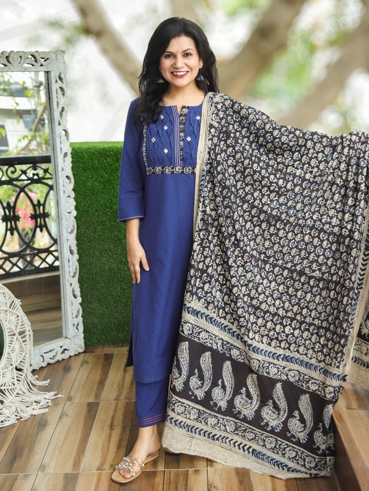 Jessica Navy Blue Pintuck Cotton 3 Piece Set