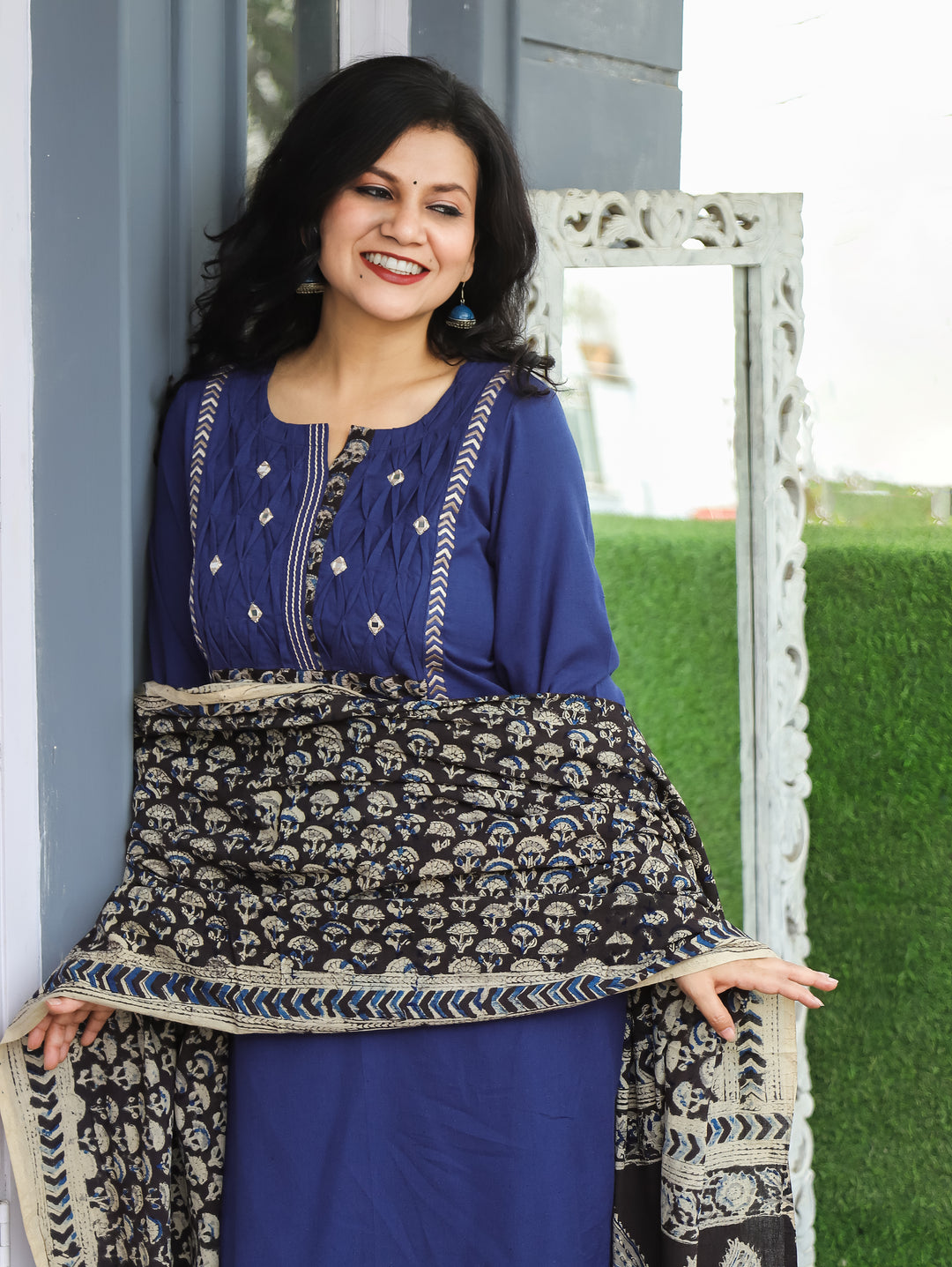 Jessica Navy Blue Pintuck Cotton 3 Piece Set