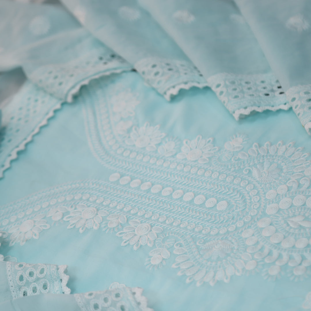 Ishqiya Sea Blue Chikankari Inspired Neck Thread Work  Cotton Suit Set