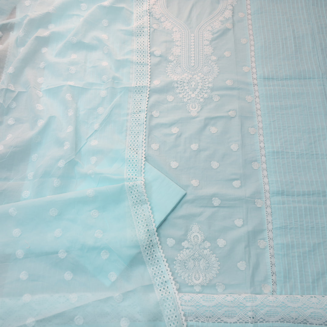 Ishqiya Sea Blue Chikankari Inspired Neck Thread Work  Cotton Suit Set