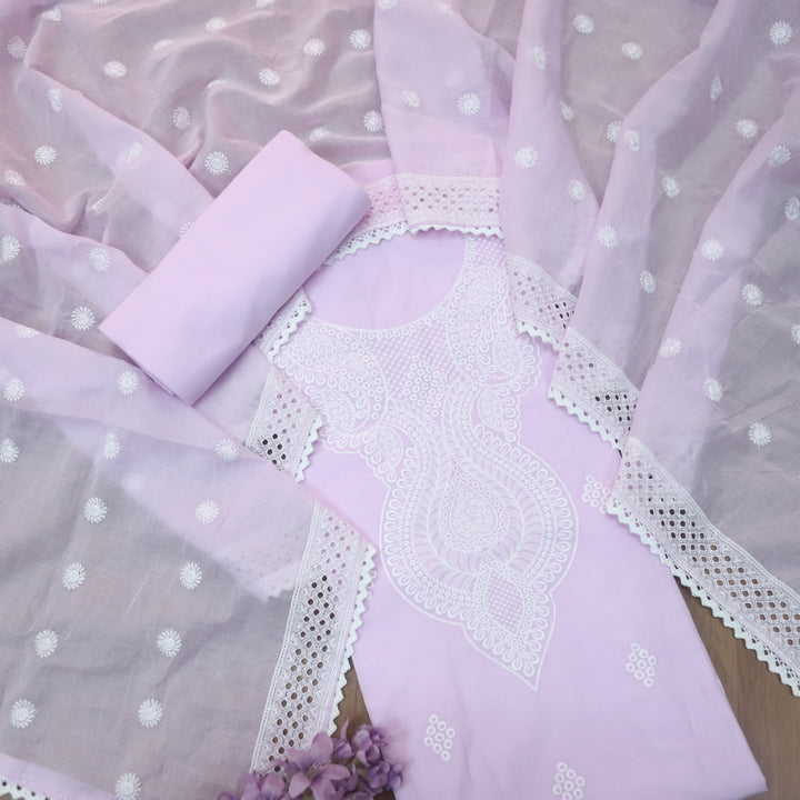 Ishqiya Pastel Lilac Chikankari Inspired Neck Thread Work Cotton Suit Set