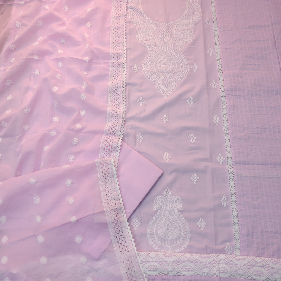 Ishqiya Pastel Lilac Chikankari Inspired Neck Thread Work Cotton Suit Set