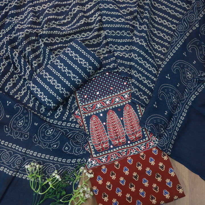 Sajjni Cherry Red Patra Neck with Patch Ajrak Print Cotton Suit Set