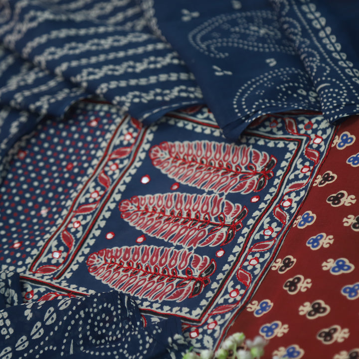 Sajjni Cherry Red Patra Neck with Patch Ajrak Print Cotton Suit Set