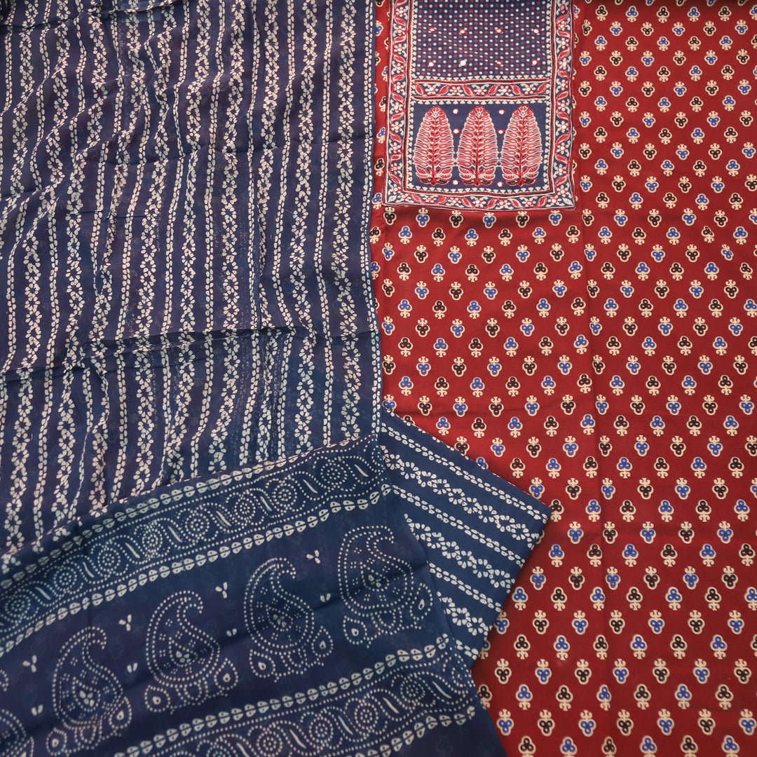 Sajjni Cherry Red Patra Neck with Patch Ajrak Print Cotton Suit Set