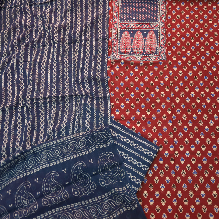 Sajjni Cherry Red Patra Neck with Patch Ajrak Print Cotton Suit Set