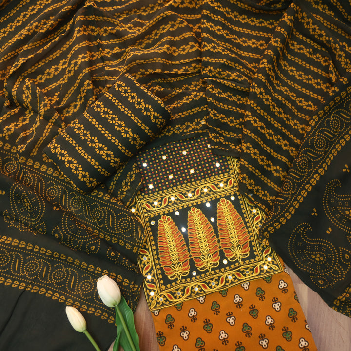 Sajjni Dijon Yellow Patra Neck with Patch Ajrak Print Cotton Suit Set