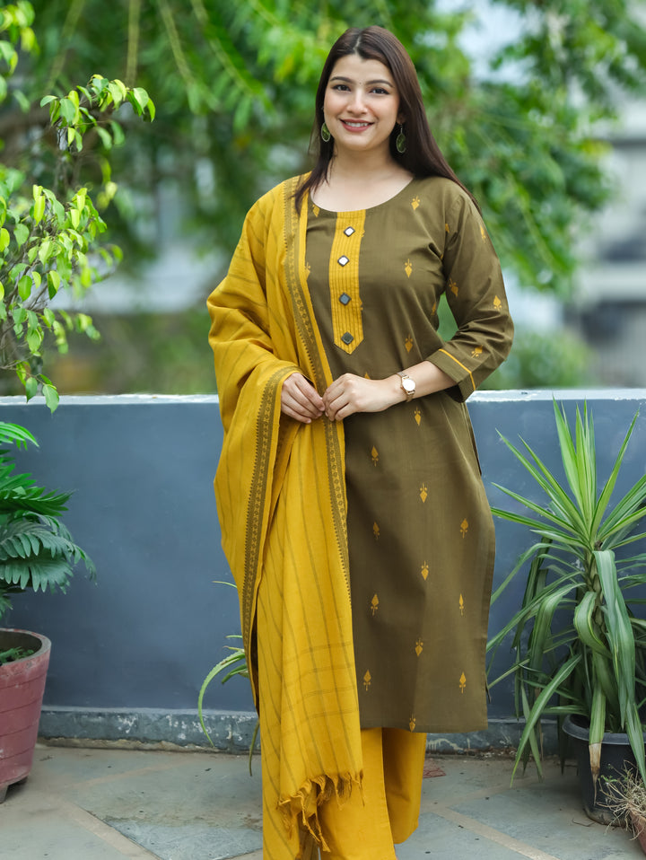 Gracy Mehndi Green Mirror South Cotton 3 Piece Set