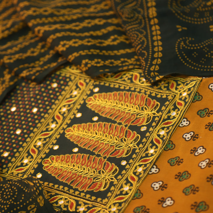 Sajjni Dijon Yellow Patra Neck with Patch Ajrak Print Cotton Suit Set