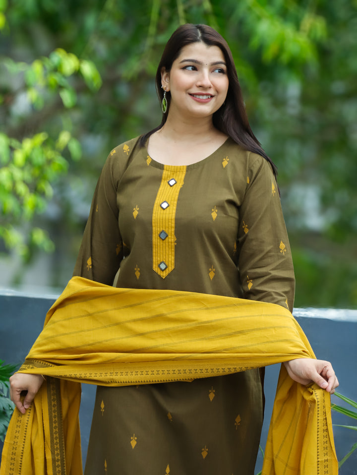 Gracy Mehndi Green Mirror South Cotton 3 Piece Set
