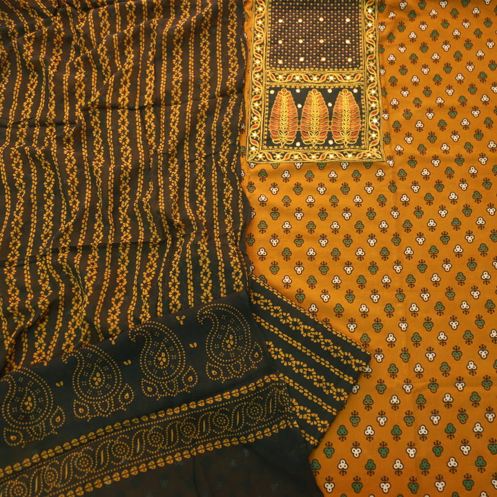 Sajjni Dijon Yellow Patra Neck with Patch Ajrak Print Cotton Suit Set