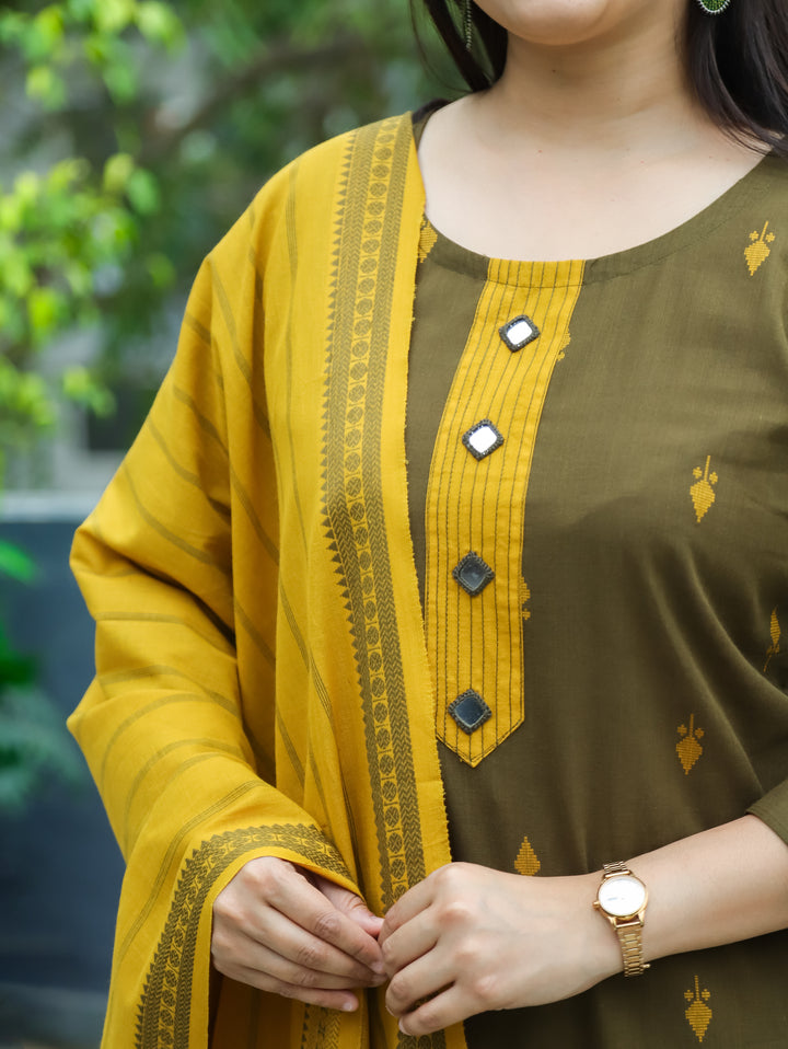 Gracy Mehndi Green Mirror South Cotton 3 Piece Set