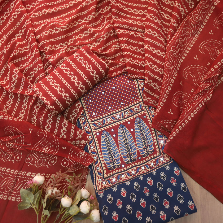 Sajjni Cobalt Blue Patra Neck with Patch Ajrak Print Cotton Suit Set