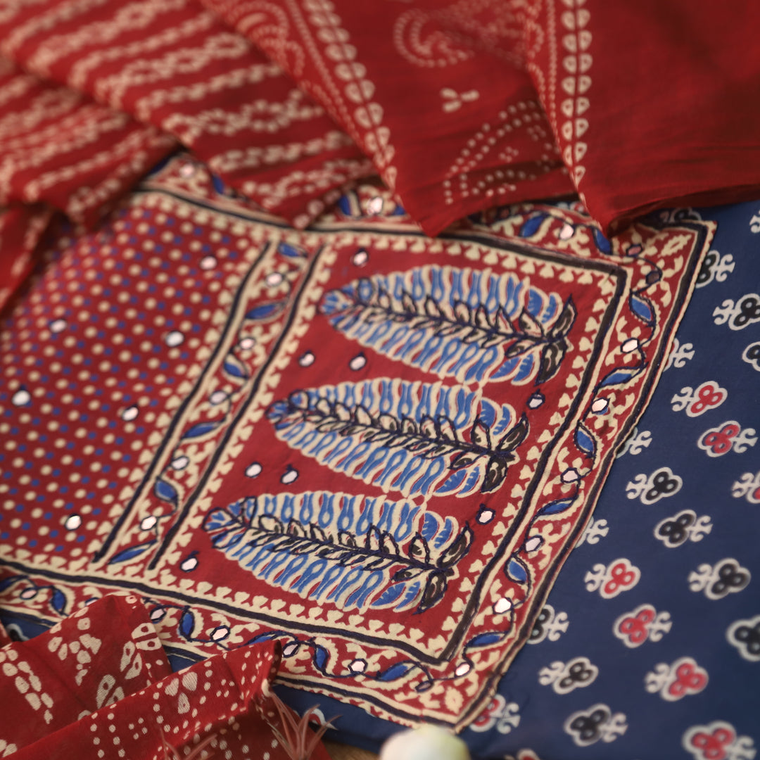 Sajjni Cobalt Blue Patra Neck with Patch Ajrak Print Cotton Suit Set