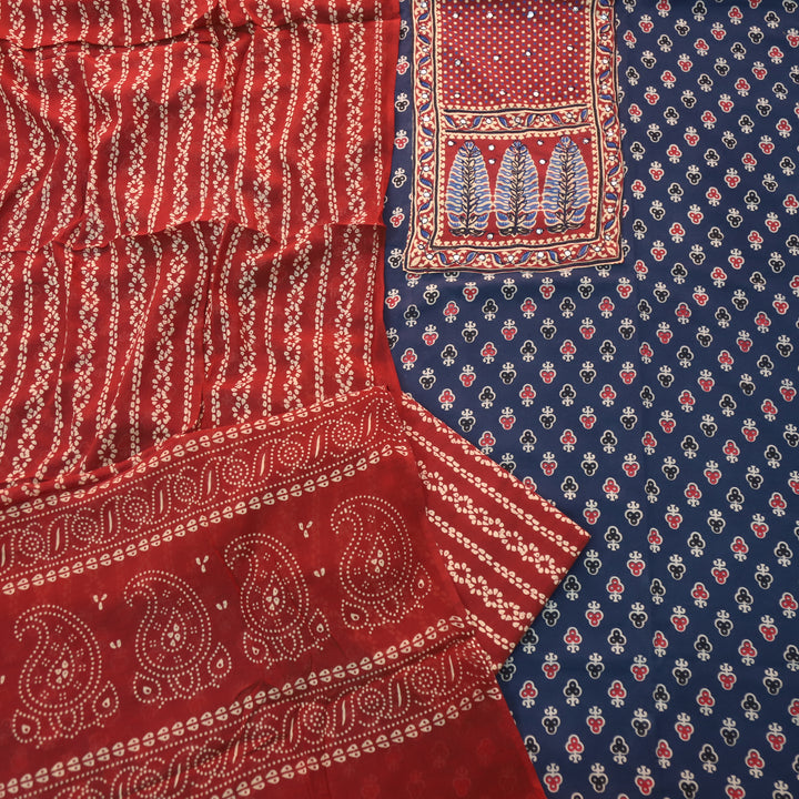 Sajjni Cobalt Blue Patra Neck with Patch Ajrak Print Cotton Suit Set