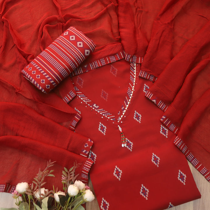 Neelbari Apple Red Hanging Detailing Work V Neck Lace Print Cotton Set