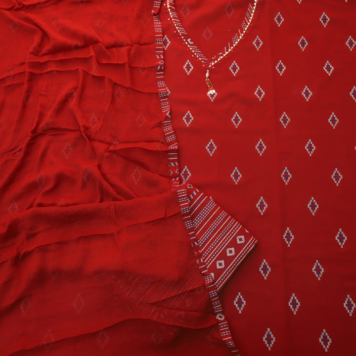 Neelbari Apple Red Hanging Detailing Work V Neck Lace Print Cotton Set