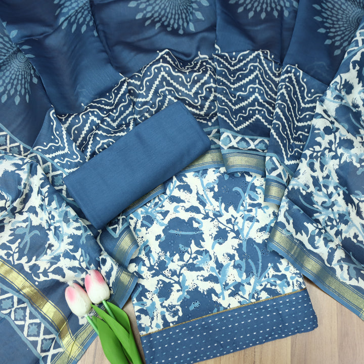Rurvi Indigo Blue Dabu Printed Schiffli Cotton Set