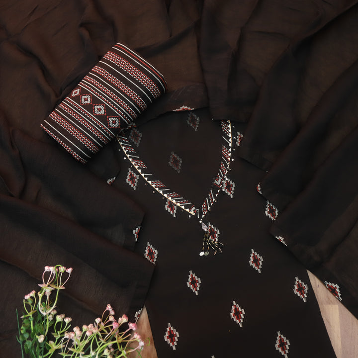 Neelbari Ebony Black Hanging Detailing Work V Neck Lace Print Cotton Set