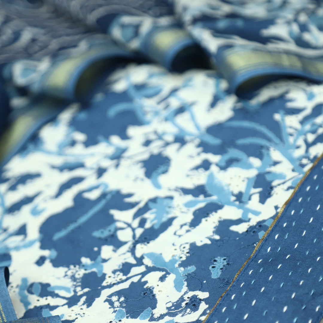 Rurvi Indigo Blue Dabu Printed Schiffli Cotton Set