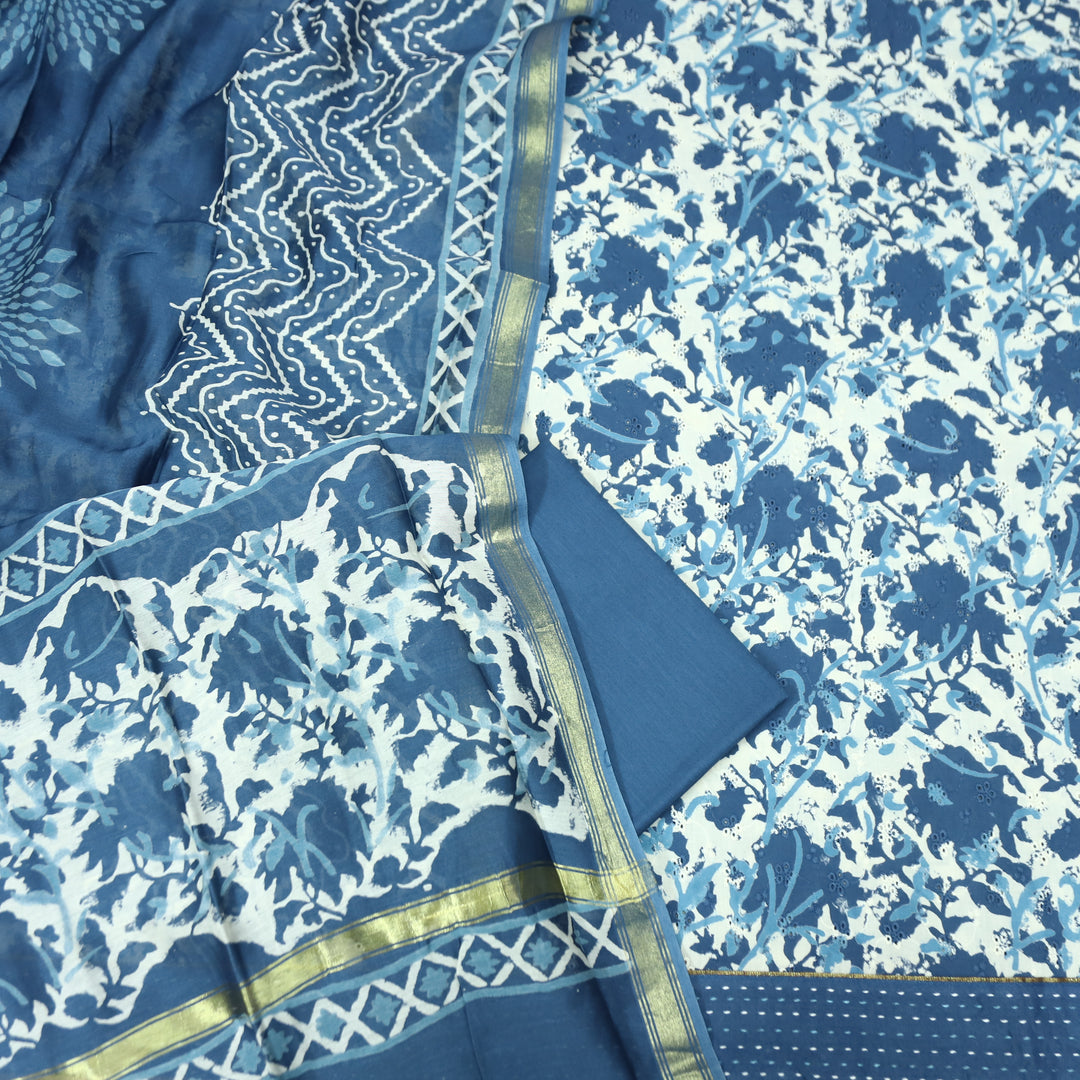 Rurvi Indigo Blue Dabu Printed Schiffli Cotton Set