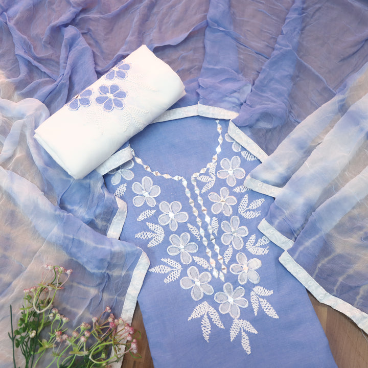 Neelamaber Blue Mirror Weaved In Thread Floral Patch Neck Work Cotton Suit Set