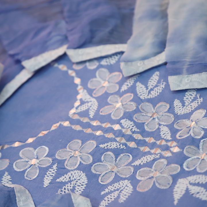 Neelamaber Blue Mirror Weaved In Thread Floral Patch Neck Work Cotton Suit Set