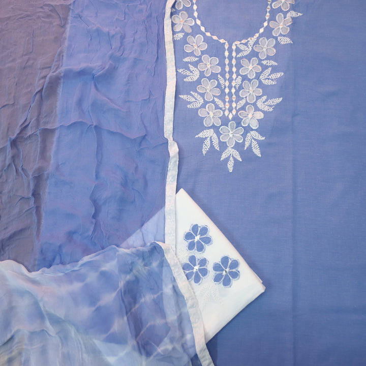 Neelamaber Blue Mirror Weaved In Thread Floral Patch Neck Work Cotton Suit Set