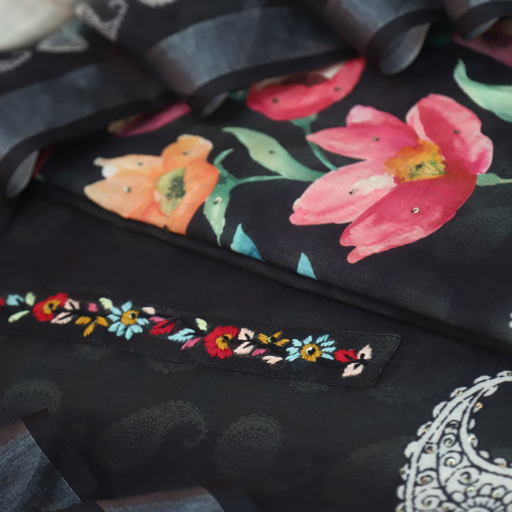Shiddat Charcoal Black Embriodered Neck Patch Floral Printed Hem Cotton Linen Set