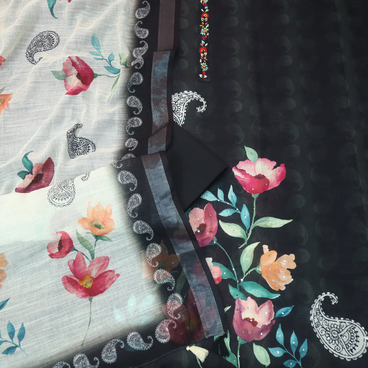 Shiddat Charcoal Black Embriodered Neck Patch Floral Printed Hem Cotton Linen Set